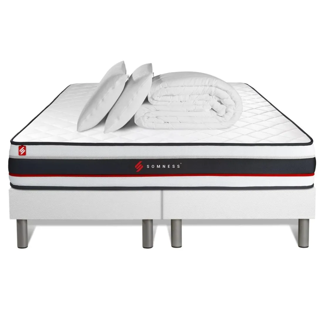 SomnessPack double sommier matelas et 2 oreillers memoire de forme Couette Percale