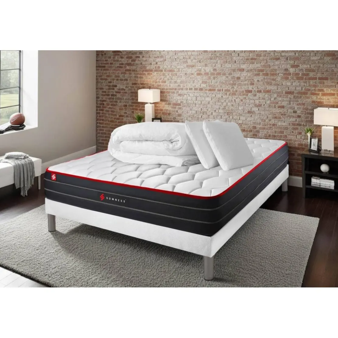 SomnessPack matelas BOOST sommier blanc et Couette 2 oreillers