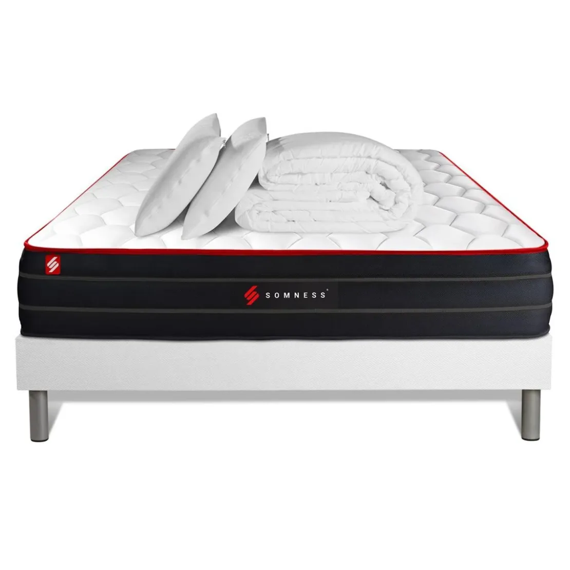 SomnessPack matelas BOOST sommier blanc et Couette 2 oreillers