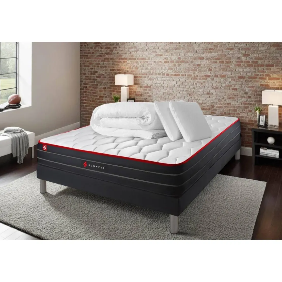 SomnessPack matelas BOOST sommier noir Couette 2 oreillers
