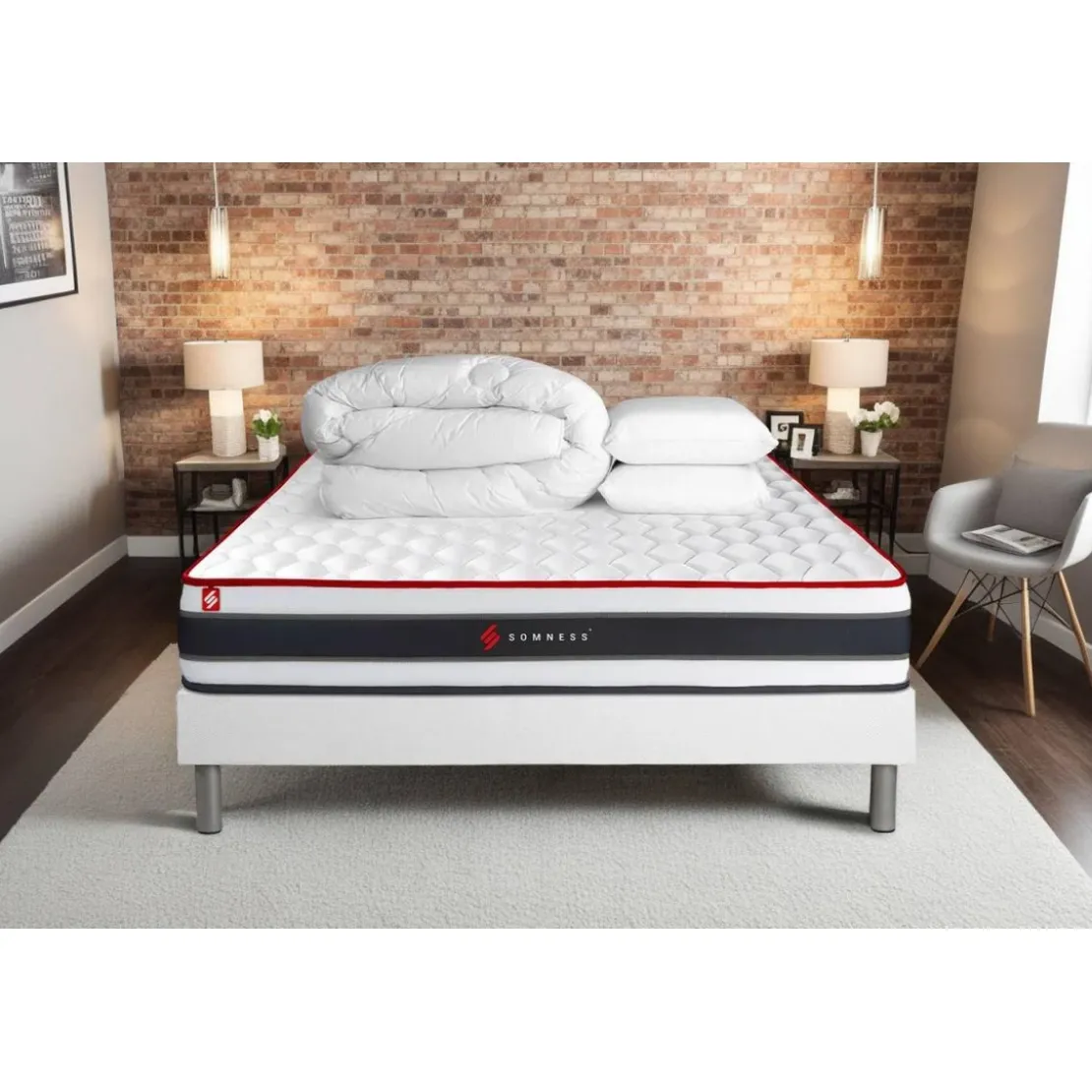 SomnessPack matelas ENERGY double sommiers blanc Couette 2 oreillers