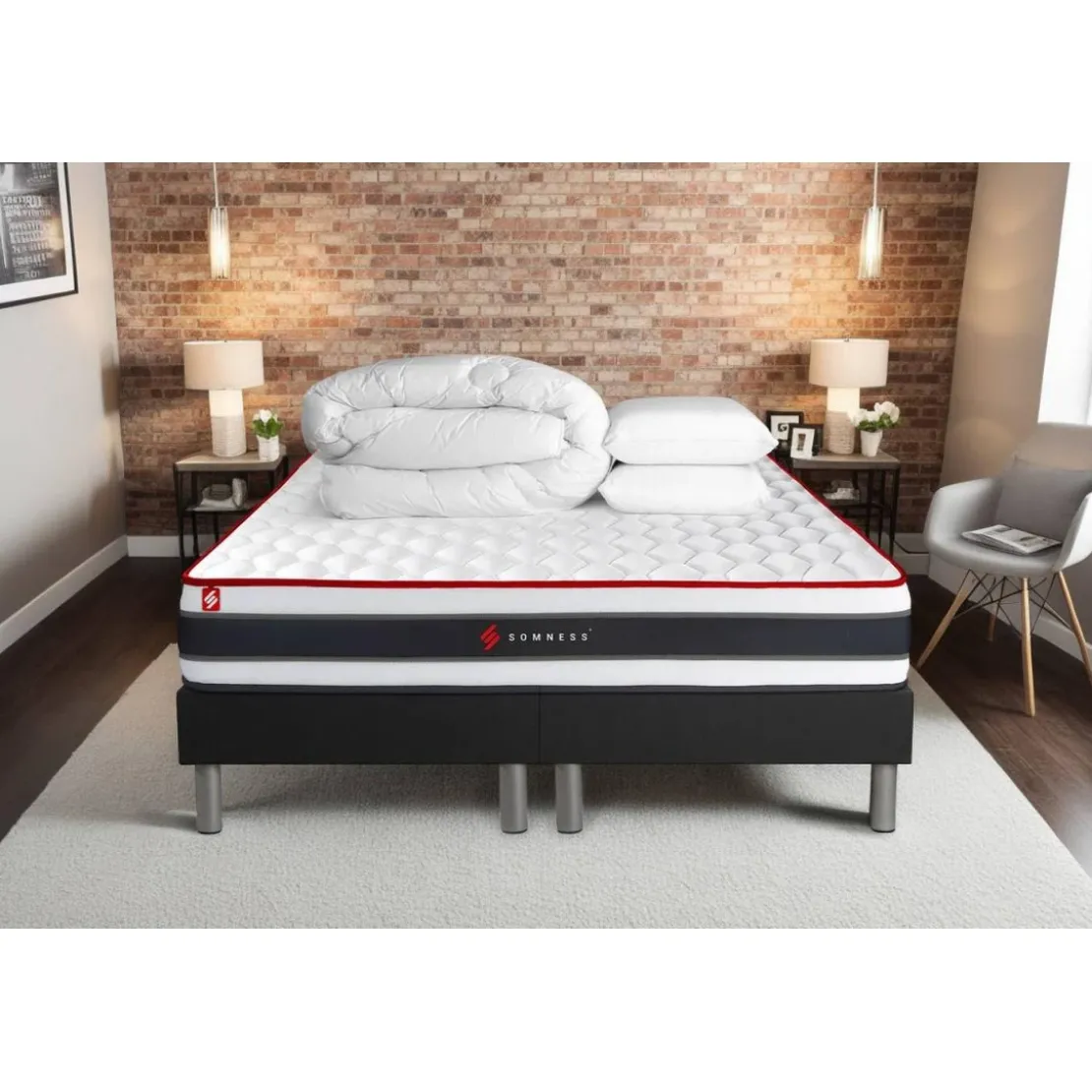 SomnessPack matelas ENERGY double sommiers noir Couette 2 oreillers