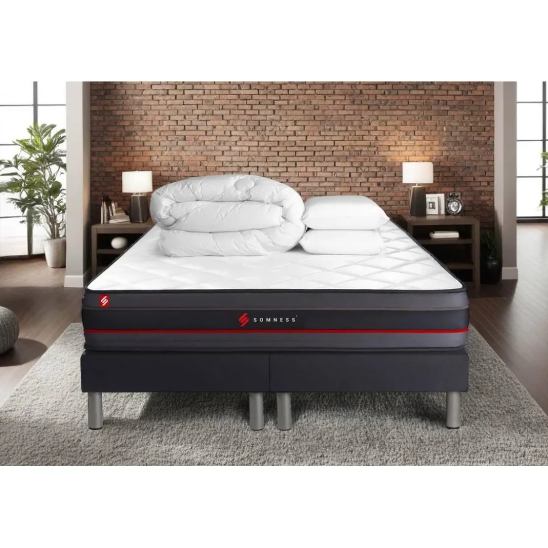 SomnessPack matelas REGENdouble sommiers noirCouette 2 oreillers