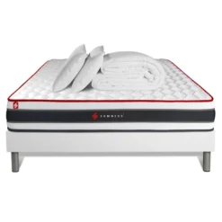 SomnessPack prêt a dormir matelas ressorts ensaches et memoire de forme sommier kit blanc Couette 2 oreillers