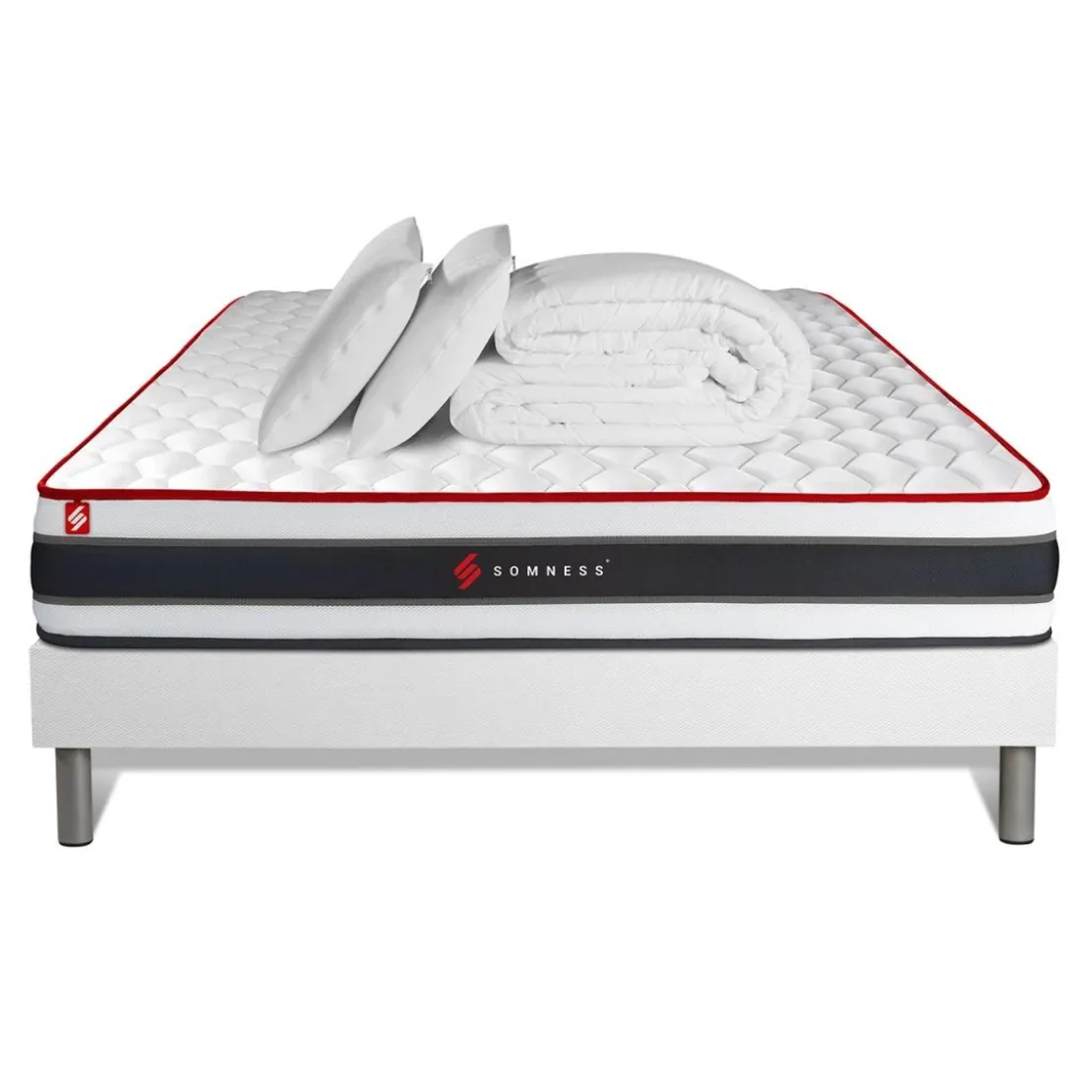 SomnessPack prêt a dormir matelas ressorts ensaches et memoire de forme sommier kit blanc Couette 2 oreillers