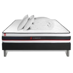 SomnessPack prêt a dormir matelas avec sommier kit noir et 2 oreillers memoire de forme Couette Percale