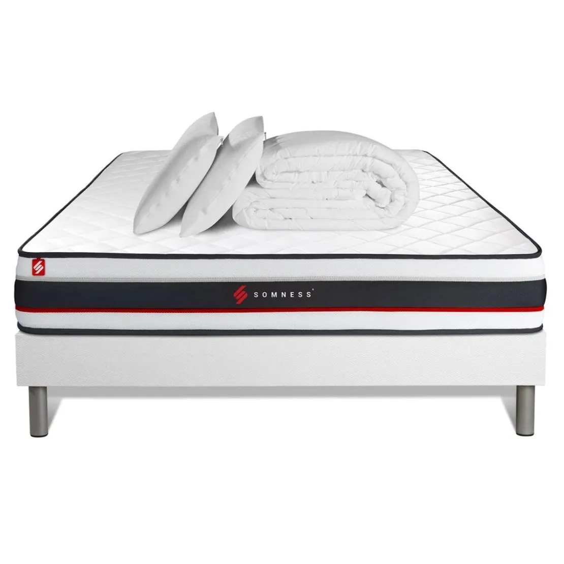 SomnessPack prêt a dormir matelas avec sommier kit blanc et 2 oreillers memoire de formeCouette Percale