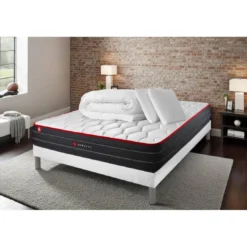 SomnessPack prêt a dormir matelas ressorts ensaches et memoire de forme sommier kit blanc Couette2 oreillers