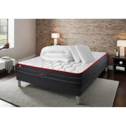 SomnessPack prêt a dormir matelas ressorts ensaches et memoire de forme sommier kit noir Couette 2 oreillers