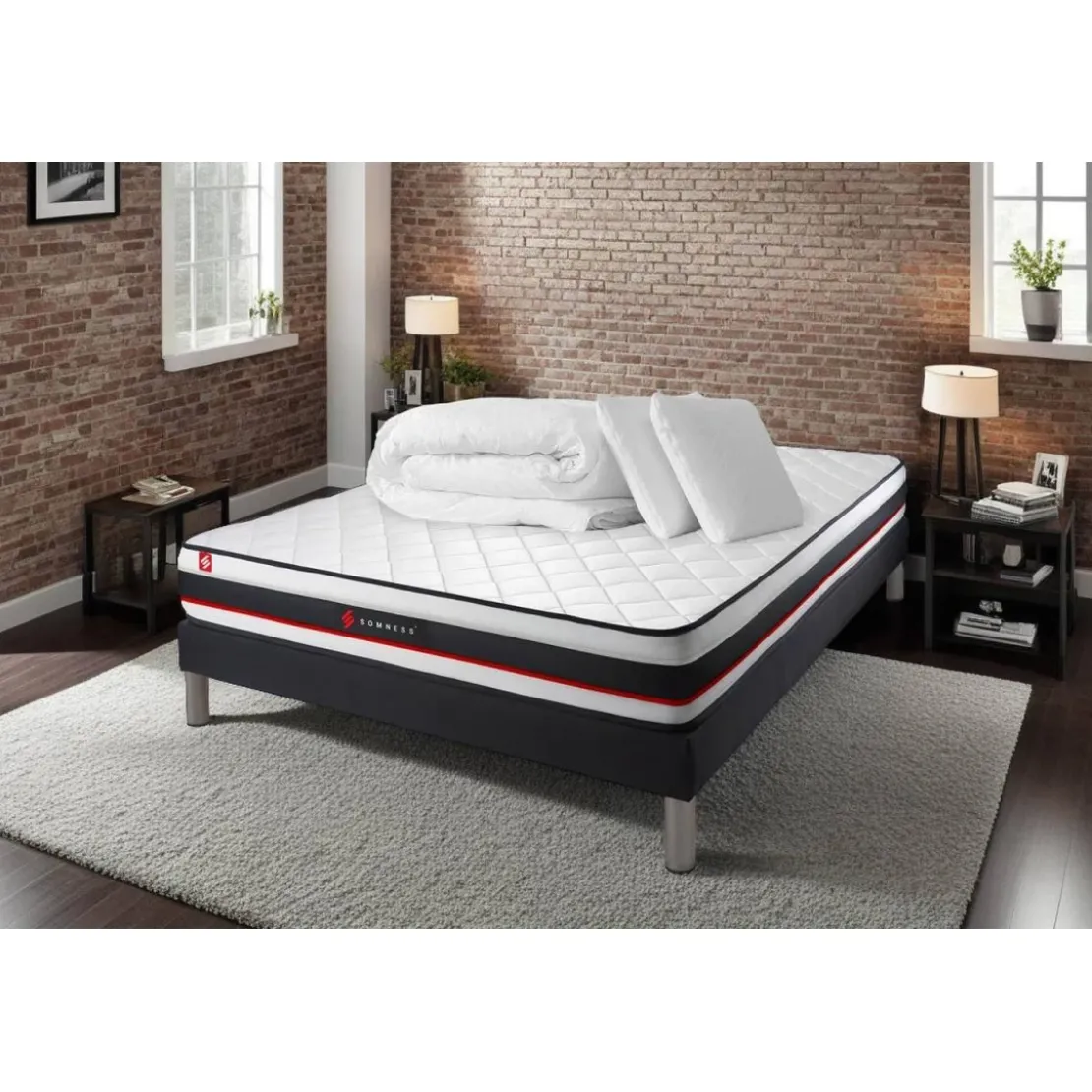 SomnessPack sommier matelas FORM 2 oreillers memoire de forme Couette Percale