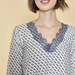 3 SUISSESBlouse asymétrique imprimée col V dentelle manches 3/4 femme - Imprimé Écru blanc
