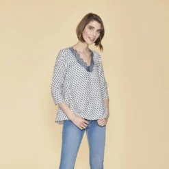 3 SUISSESBlouse asymétrique imprimée col V dentelle manches 3/4 femme - Imprimé Écru blanc