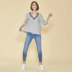 3 SUISSESBlouse asymétrique imprimée col V dentelle manches 3/4 femme - Imprimé Écru blanc