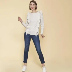 3 SUISSESBlouse asymétrique manches longues volants femme - Sable beige