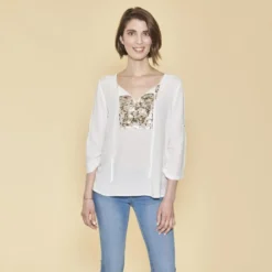 3 SUISSESBlouse asymétrique sequins devant manches 3/4 femme - écru blanc en viscose