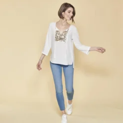 3 SUISSESBlouse asymétrique sequins devant manches 3/4 femme - écru blanc en viscose