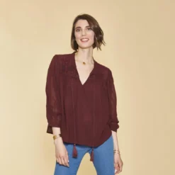 3 SUISSESBlouse broderie manches chauve-souris femme - Lie De Vin rouge