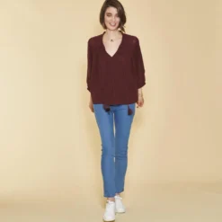 3 SUISSESBlouse broderie manches chauve-souris femme - Lie De Vin rouge