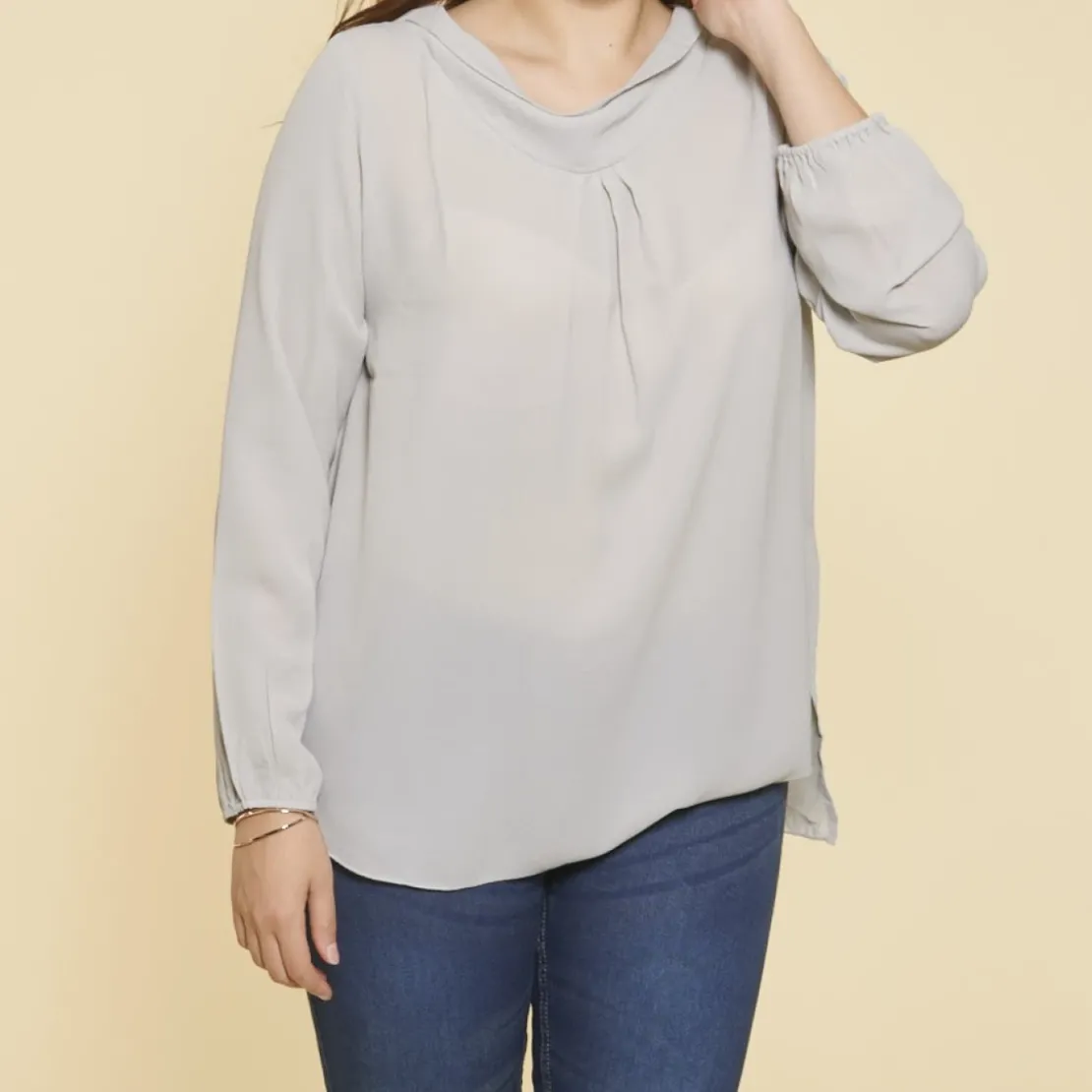 3 SUISSESBlouse col drapé devant et V dos avec dentelle manches longues grandes tailles femme - Gris Perle
