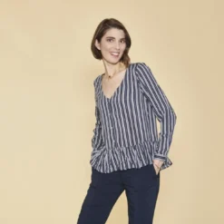 3 SUISSESBlouse col V manches longues volant effet froncé femme - Bleu Marine en viscose