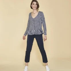 3 SUISSESBlouse col V manches longues volant effet froncé femme - Bleu Marine en viscose