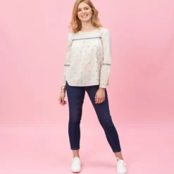 3 SUISSESBlouse froncée manches longues broderie femme - Beige blanc en coton
