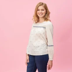 3 SUISSESBlouse froncée manches longues broderie femme - Beige blanc en coton