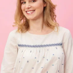 3 SUISSESBlouse froncée manches longues broderie femme - Beige blanc en coton