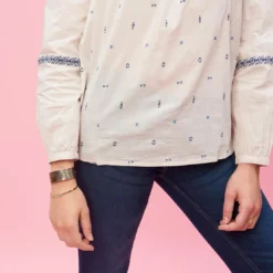 3 SUISSESBlouse froncée manches longues broderie femme - Beige blanc en coton