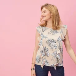 3 SUISSESBlouse imprimée sans manche et volants femme - Noir beige en polyester