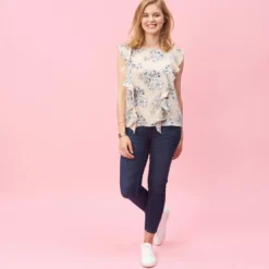 3 SUISSESBlouse imprimée sans manche et volants femme - Noir beige en polyester