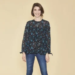 3 SUISSESBlouse imprimée à volants manches longues à nouer femme - Imprimé Bleu Indigo