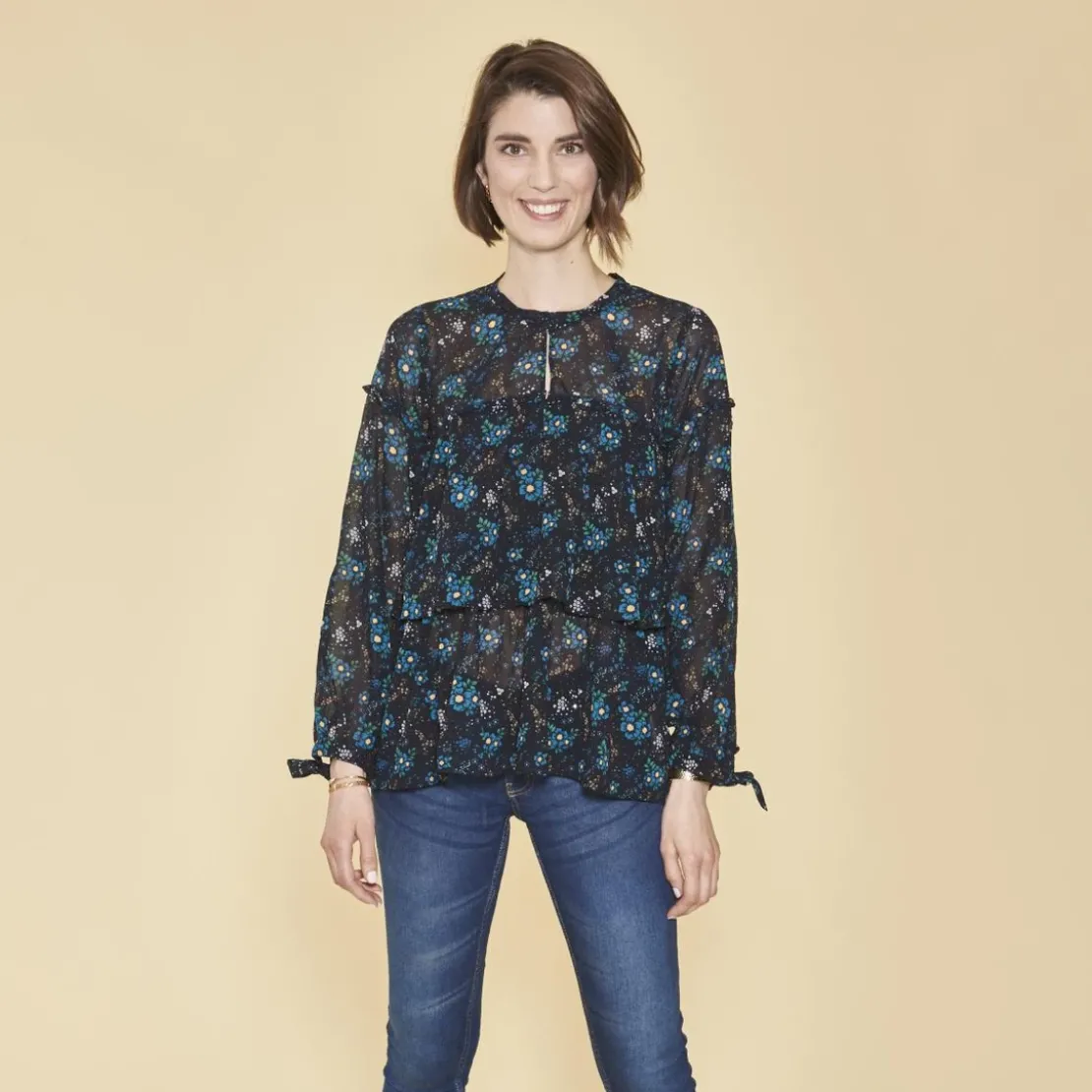 3 SUISSESBlouse imprimée à volants manches longues à nouer femme - Imprimé Bleu Indigo