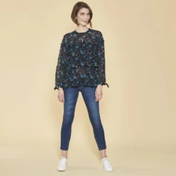 3 SUISSESBlouse imprimée à volants manches longues à nouer femme - Imprimé Bleu Indigo