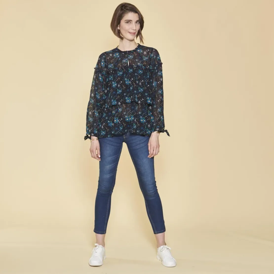 3 SUISSESBlouse imprimée à volants manches longues à nouer femme - Imprimé Bleu Indigo