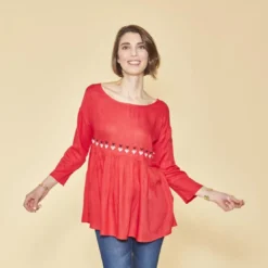 3 SUISSESBlouse manches 3/4 ajustables broderie taille effet froncé femme - Rouge en viscose