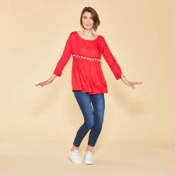 3 SUISSESBlouse manches 3/4 ajustables broderie taille effet froncé femme - Rouge en viscose