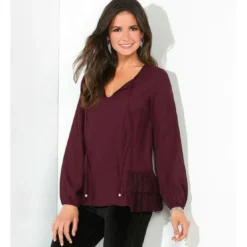 3 SUISSESBlouse manches longues élastiquées volants en dentelle sur le bas femme - Lie De Vin rouge