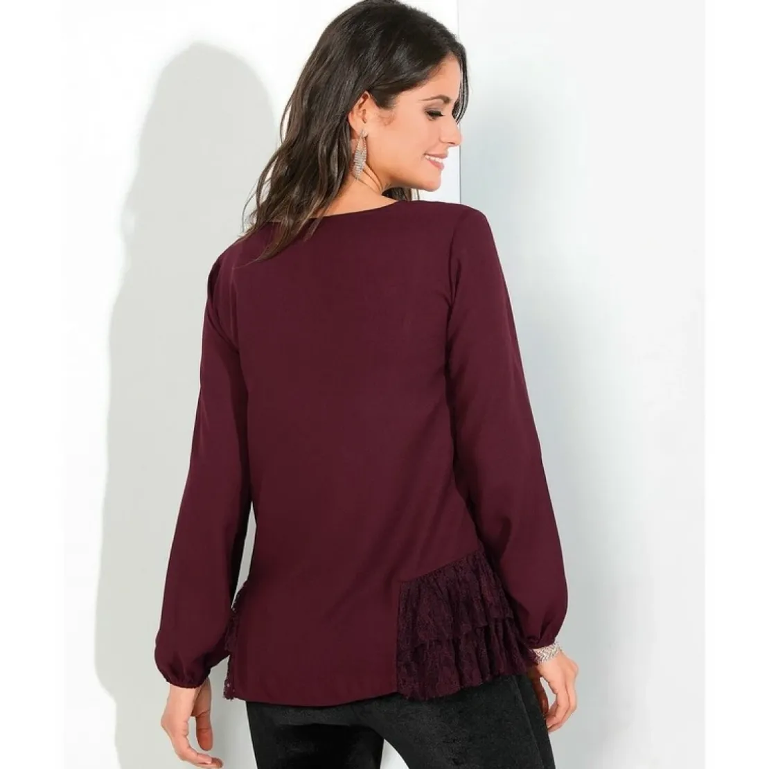 3 SUISSESBlouse manches longues élastiquées volants en dentelle sur le bas femme - Lie De Vin rouge