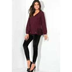 3 SUISSESBlouse manches longues élastiquées volants en dentelle sur le bas femme - Lie De Vin rouge