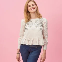 3 SUISSESBlouse manches longues détails broderie et bas volanté 3 Suisses femme - Beige en coton