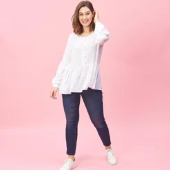 3 SUISSESBlouse manches longues et bas effet froncé femme - Blanc