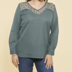 3 SUISSESBlouse manches longues col V et poignets avec dentelle grandes tailles femme - Vert Bouteille