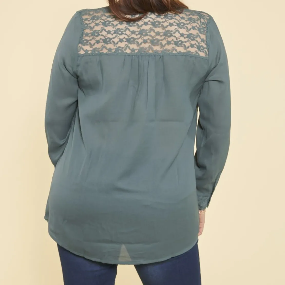 3 SUISSESBlouse manches longues col V et poignets avec dentelle grandes tailles femme - Vert Bouteille