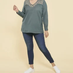 3 SUISSESBlouse manches longues col V et poignets avec dentelle grandes tailles femme - Vert Bouteille
