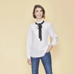 3 SUISSESBlouse manches longues volants plissés et ruban contrasté femme - Blanc