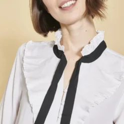 3 SUISSESBlouse manches longues volants plissés et ruban contrasté femme - Blanc