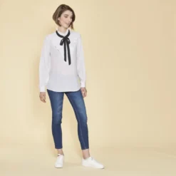 3 SUISSESBlouse manches longues volants plissés et ruban contrasté femme - Blanc