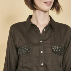 3 SUISSESBlouse manches longues poches poitrine avec sequins femme - Kaki en viscose