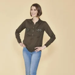 3 SUISSESBlouse manches longues poches poitrine avec sequins femme - Kaki en viscose